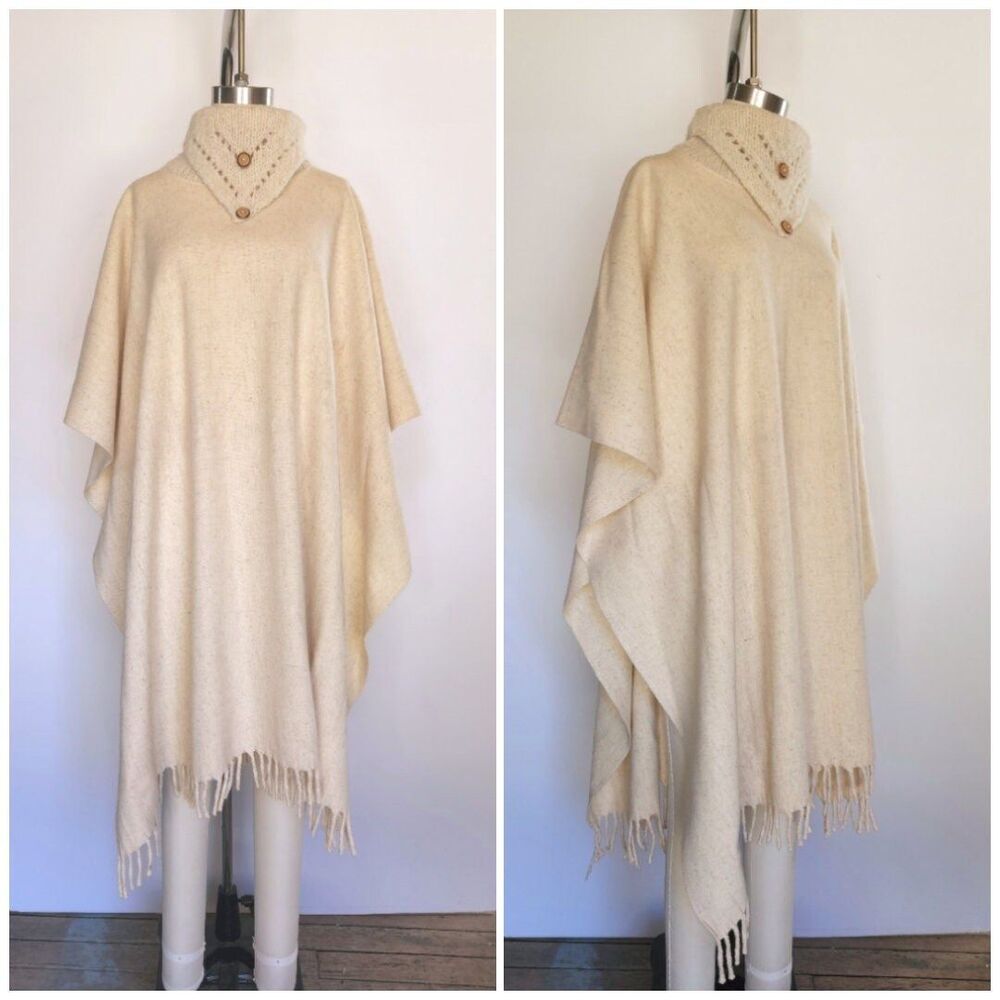 Vintage Turtleneck Wool Poncho Cape Oversized Ethnic Tribal Southwestern Fringe